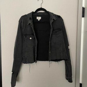 Distressed cropped black denim jacket